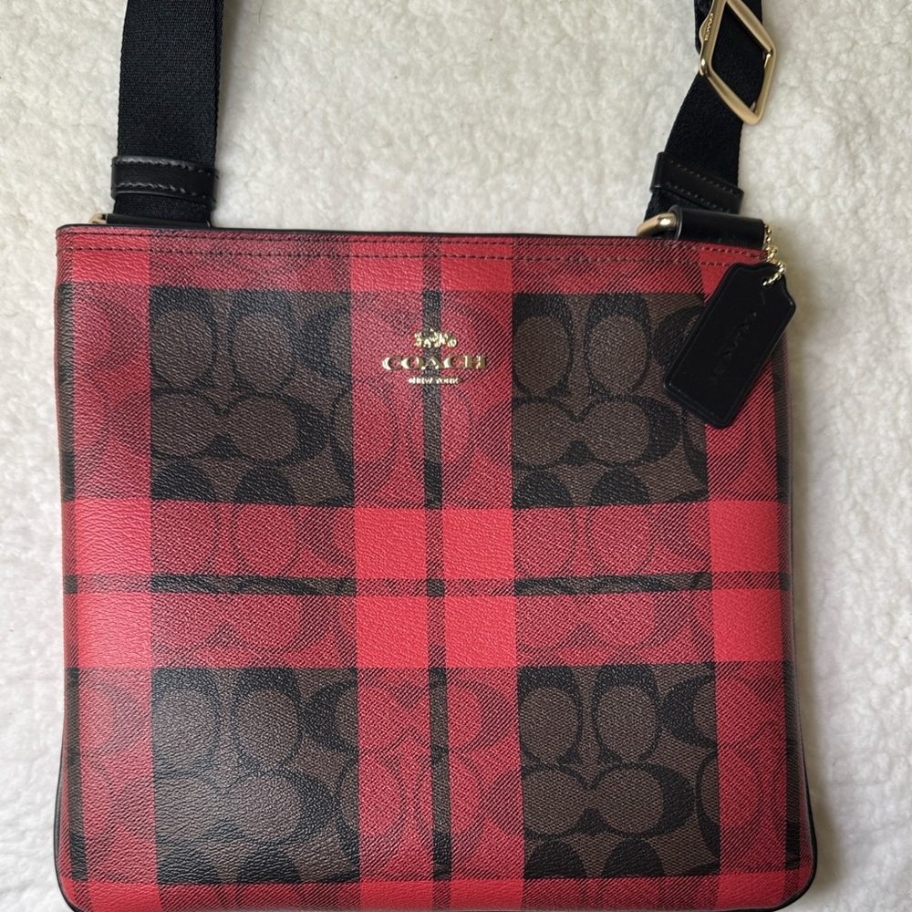 Coach Buffalo Plaid Signature File Crossbody Bag Red‎ Black F80057